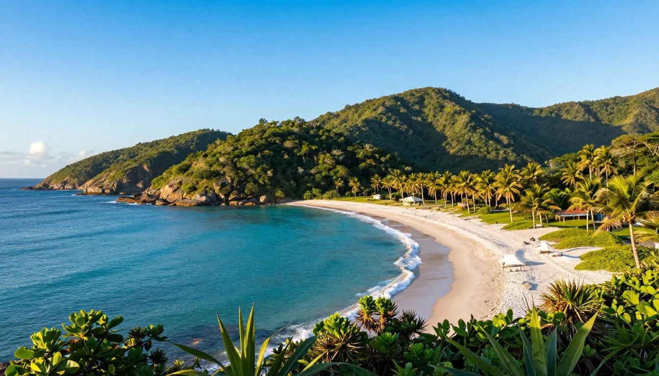 Panoramic view of Florianopolis coastline with turquoise waters and white sand beaches surrounded by lush green hills