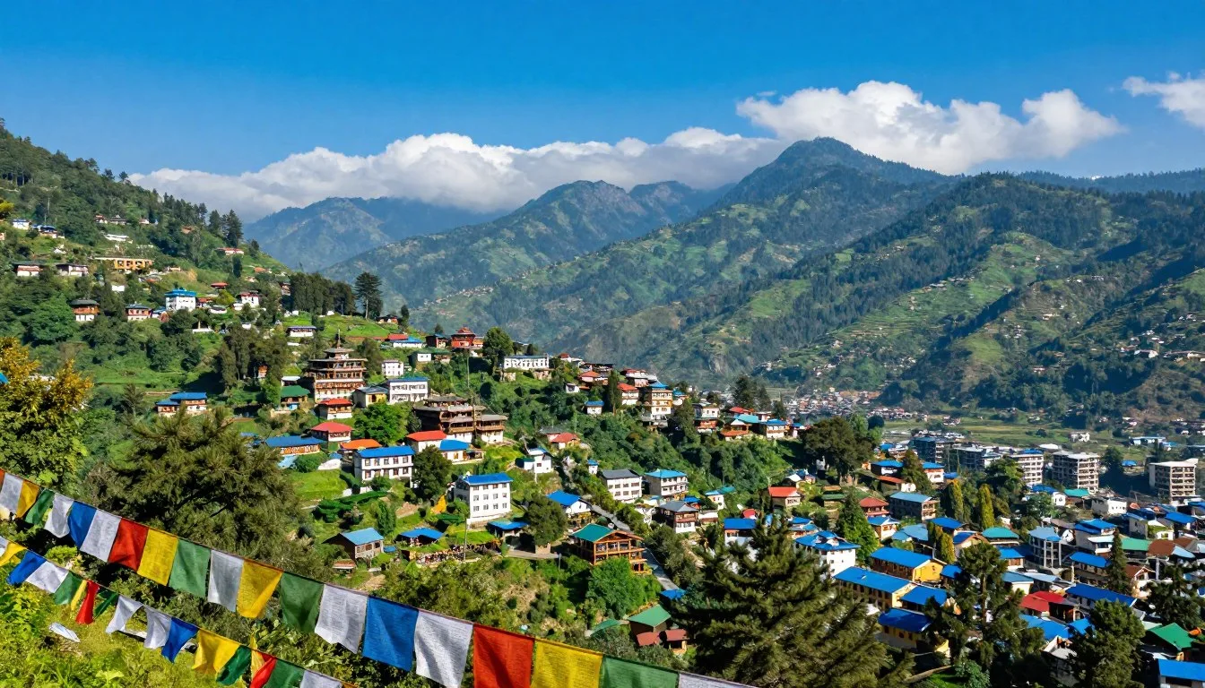 Panoramic-view-of-Gangtok-city-nestled-in-the-Himalayan-mountains-with-colorful-prayer-flags Panoramic view of Gangtok city nestled in the Himalayan mountains with colorful prayer flags