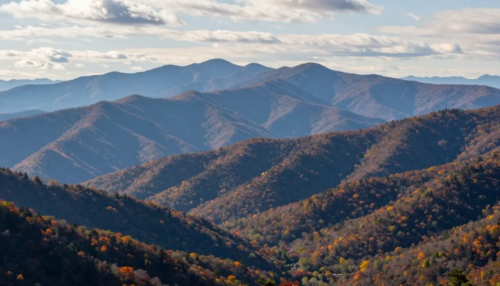 Panoramic view of Great Smoky Mountains with multiple ridges fading into blue haze Panoramic view of Great Smoky Mountains with multiple ridges fading into blue haze