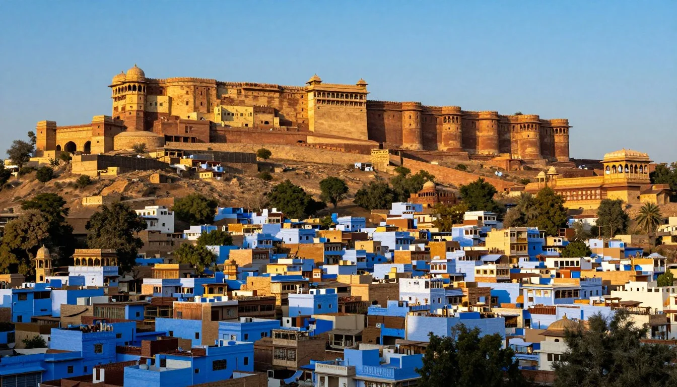 Panoramic view of Jodhpur's blue city houses beneath Mehrangarh Fort at golden hour