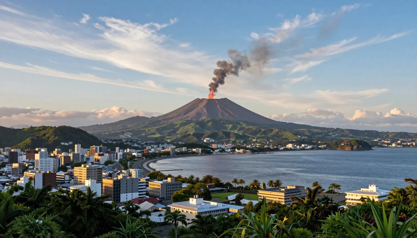 Panoramic view of Kagoshima city with Sakurajima volcano across Kinko Bay