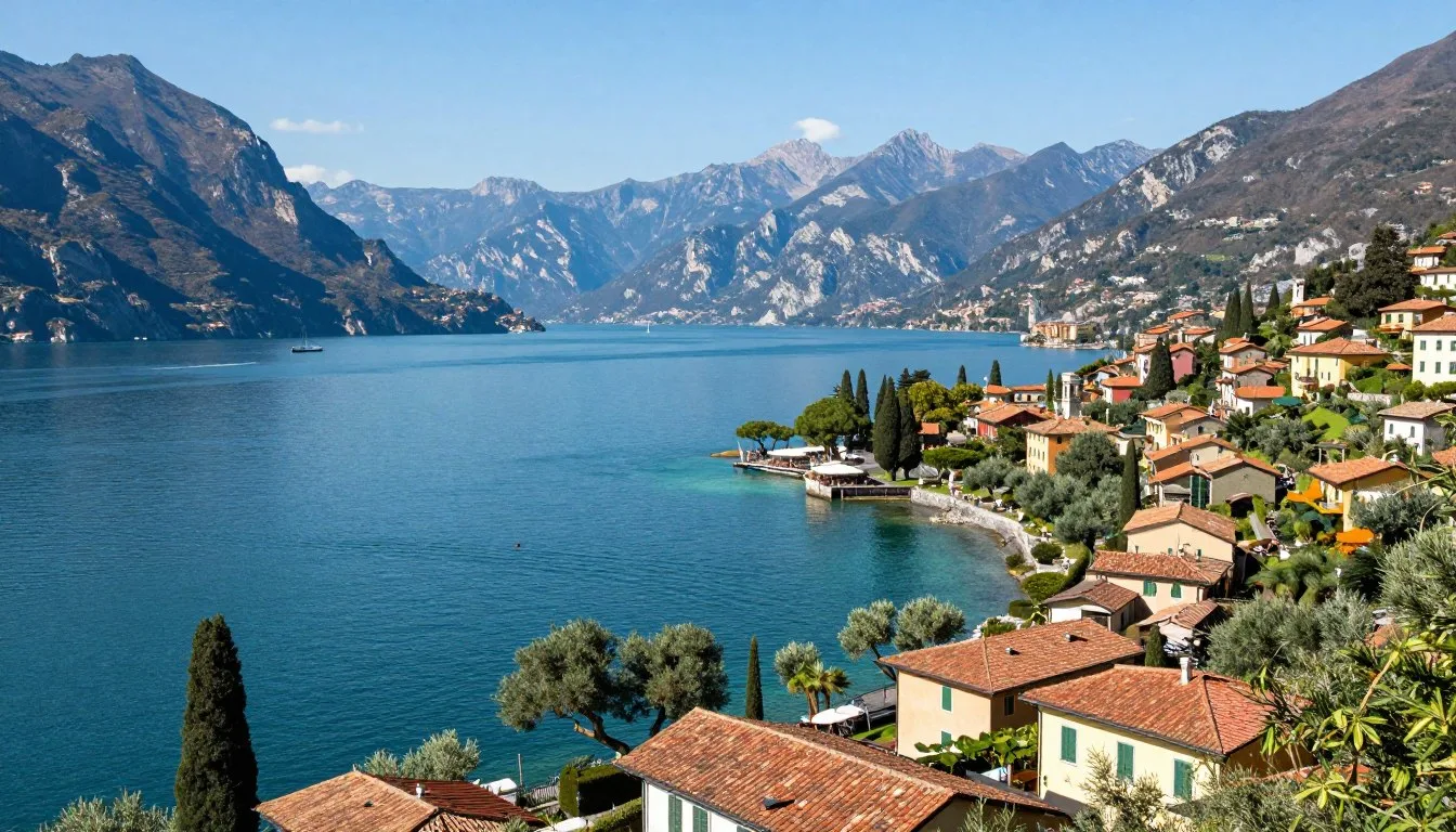 Panoramic view of Lake Garda Italy with turquoise waters, colorful lakeside towns, and mountain backdrop on a sunny day