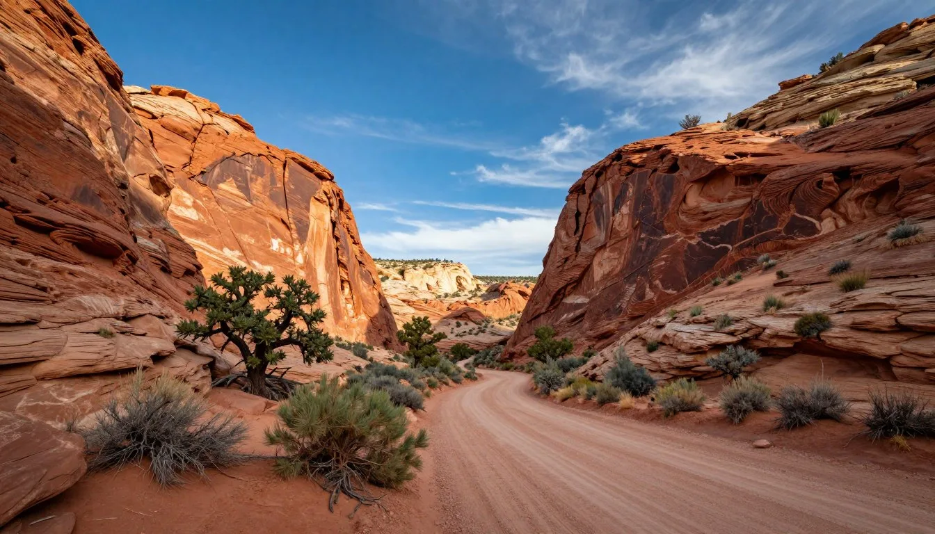 Panoramic view of Nine Mile Canyon showing dramatic sandstone cliffs and winding canyon road under clear blue sky