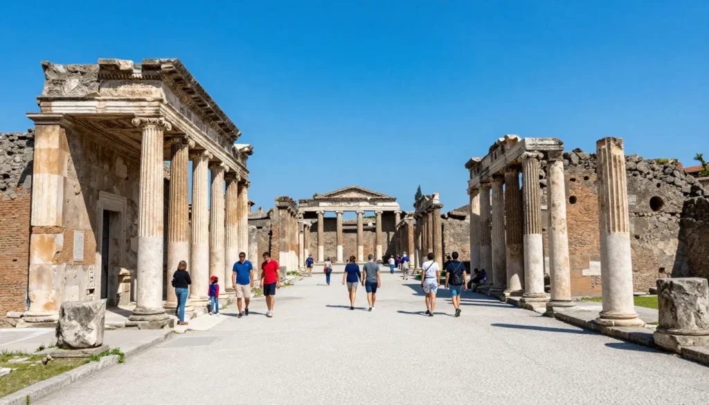 Panoramic view of Pompeii archaeological park entrance area with visitors on a sunny day Panoramic view of Pompeii archaeological park entrance area with visitors on a sunny day