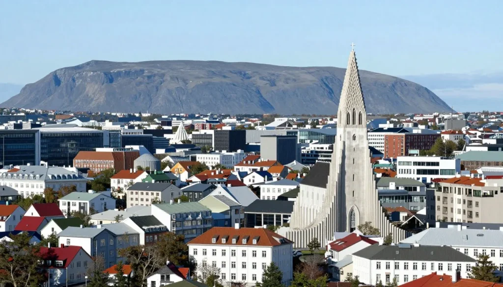 Panoramic view of Reykjavik cityscape with mountains