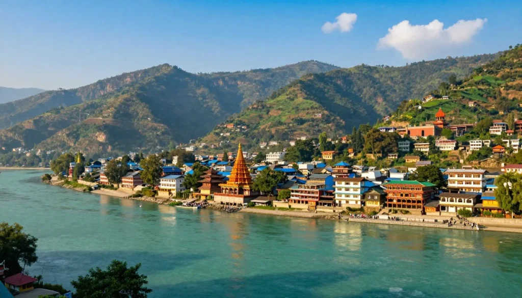 Panoramic view of Rishikesh town with temples along the Ganges River and green Himalayan hills in the background