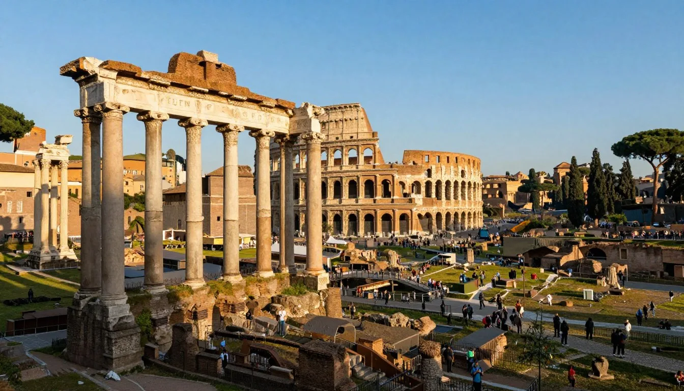 Panoramic view of Rome showing ancient Roman Forum ruins with the Colosseum in background during golden hour
