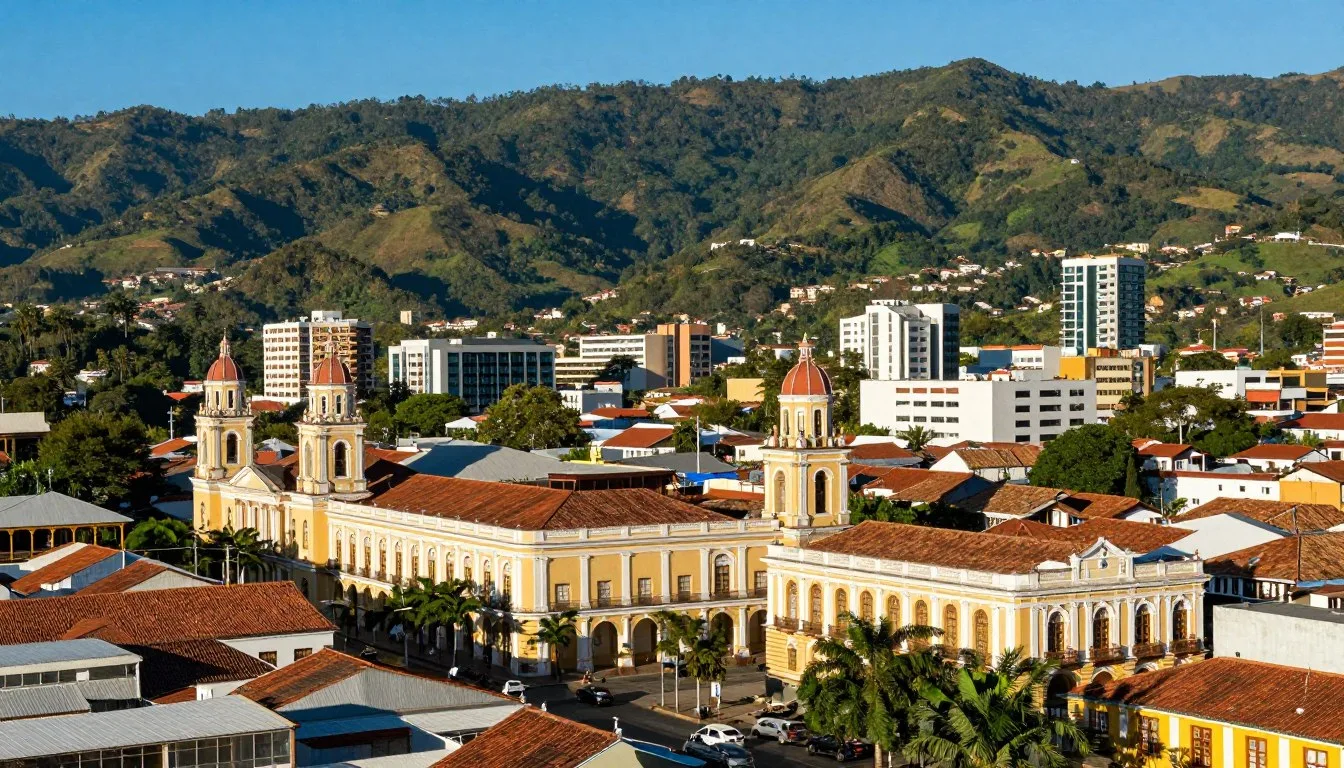 Panoramic view of San Jose Costa Rica cityscape with mountains in background