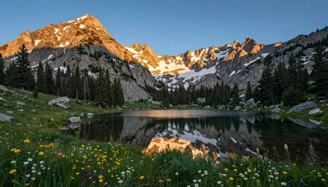 Panoramic view of Sierra Nevada Mountains Nevada with granite peaks and alpine meadows under clear blue sky