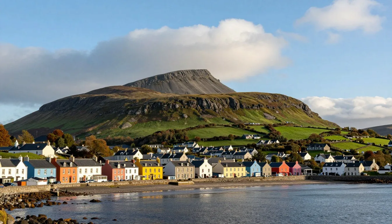 Panoramic view of Sligo town nestled between Benbulben mountain and the Atlantic coastline with colorful buildings along the waterfront