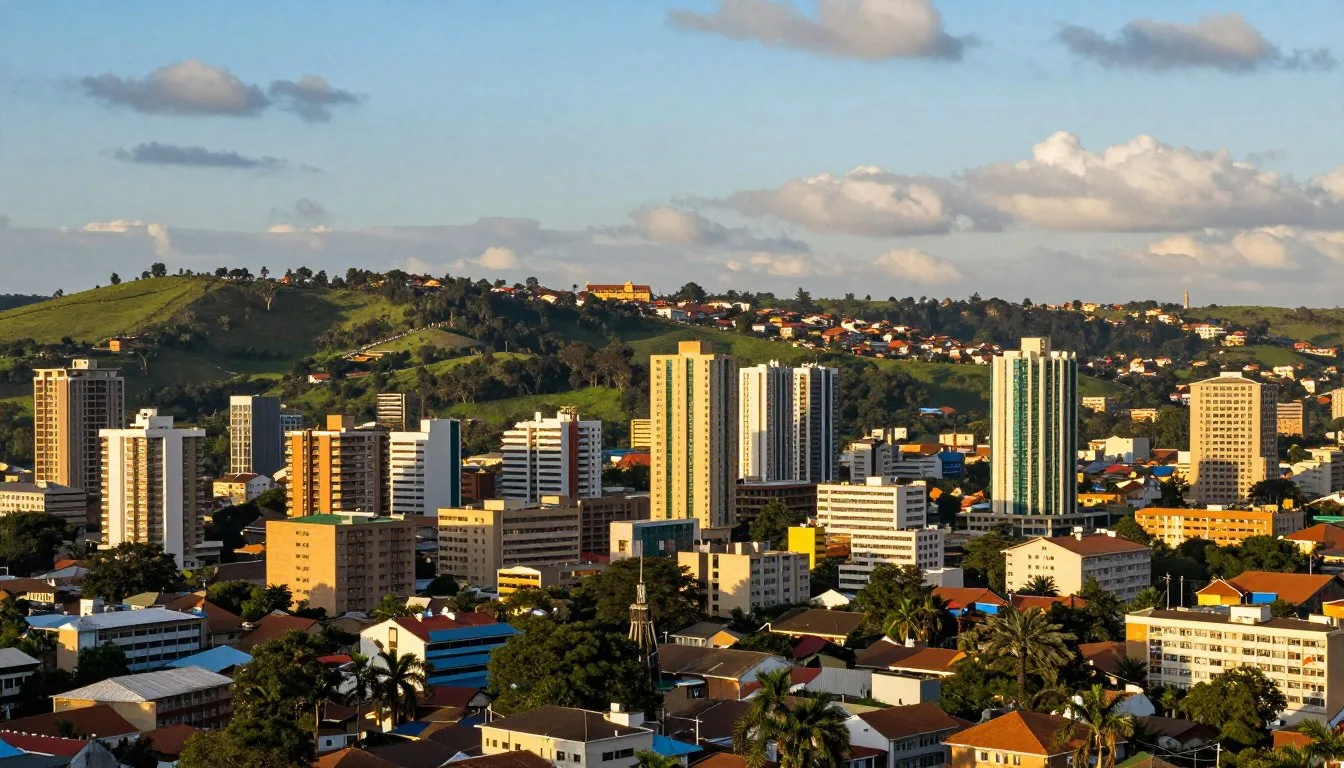 Panoramic view of Yaounde cityscape with modern buildings nestled among green hills under blue sky