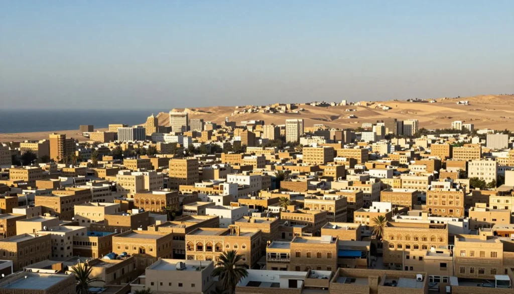 Panoramic view of Zabid's historic landscape with traditional architecture and surrounding desert plains Panoramic view of Zabid's historic landscape with traditional architecture and surrounding desert plains