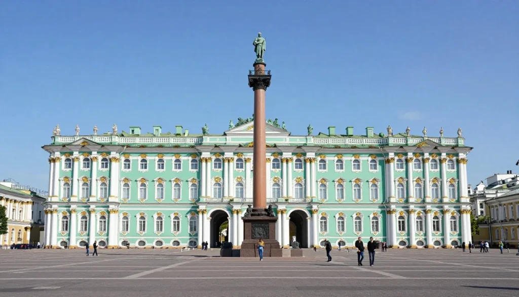 Panoramic view of the majestic Palace Square in Saint Petersburg featuring the Winter Palace with its mint green and white facade and the Alexander Column in the center Panoramic view of the majestic Palace Square in Saint Petersburg featuring the Winter Palace with its mint green and white facade and the Alexander Column in the center
