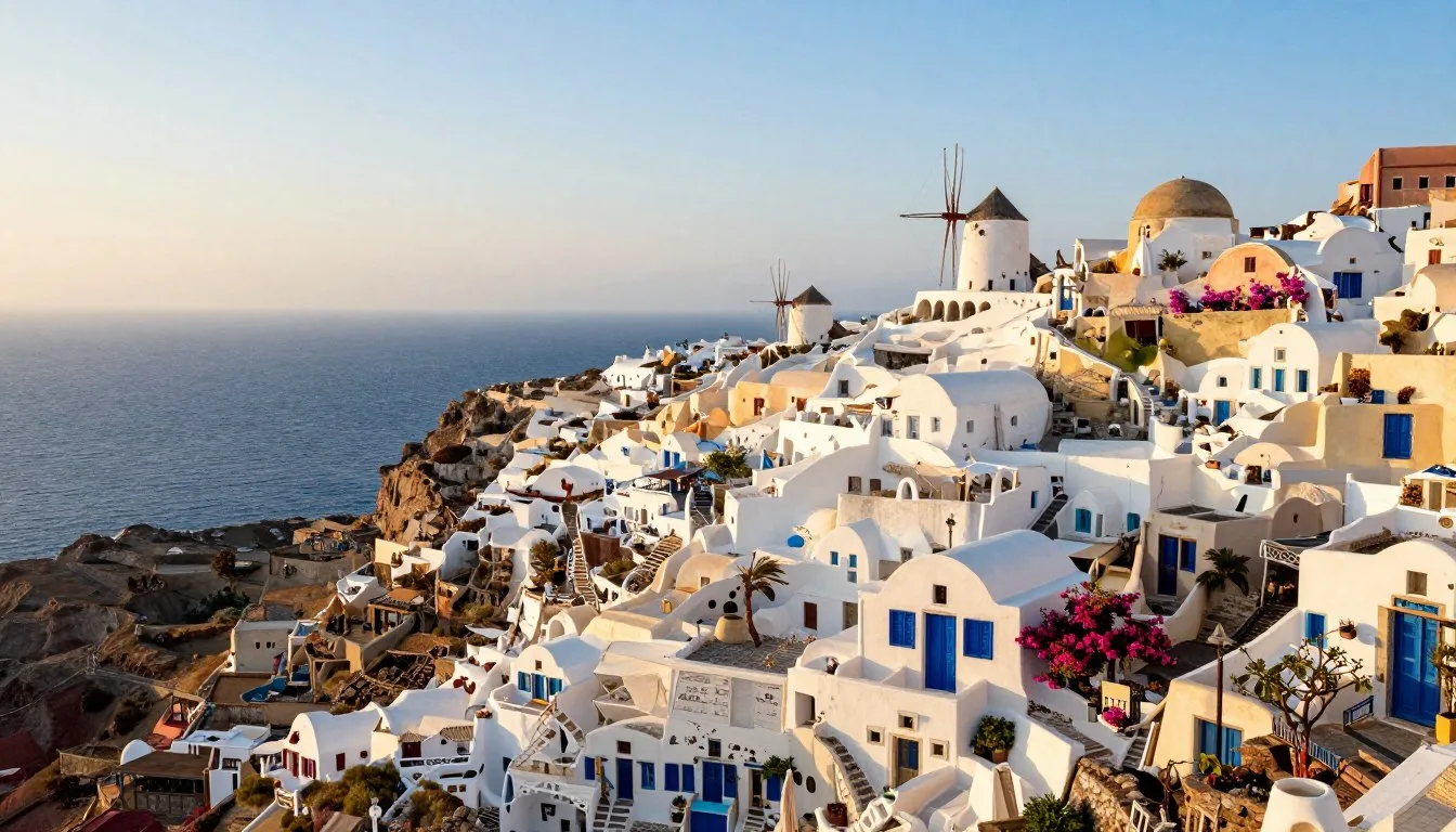 Panoramic view of whitewashed buildings cascading down hillside towards the Aegean Sea in Tinos Island Greece