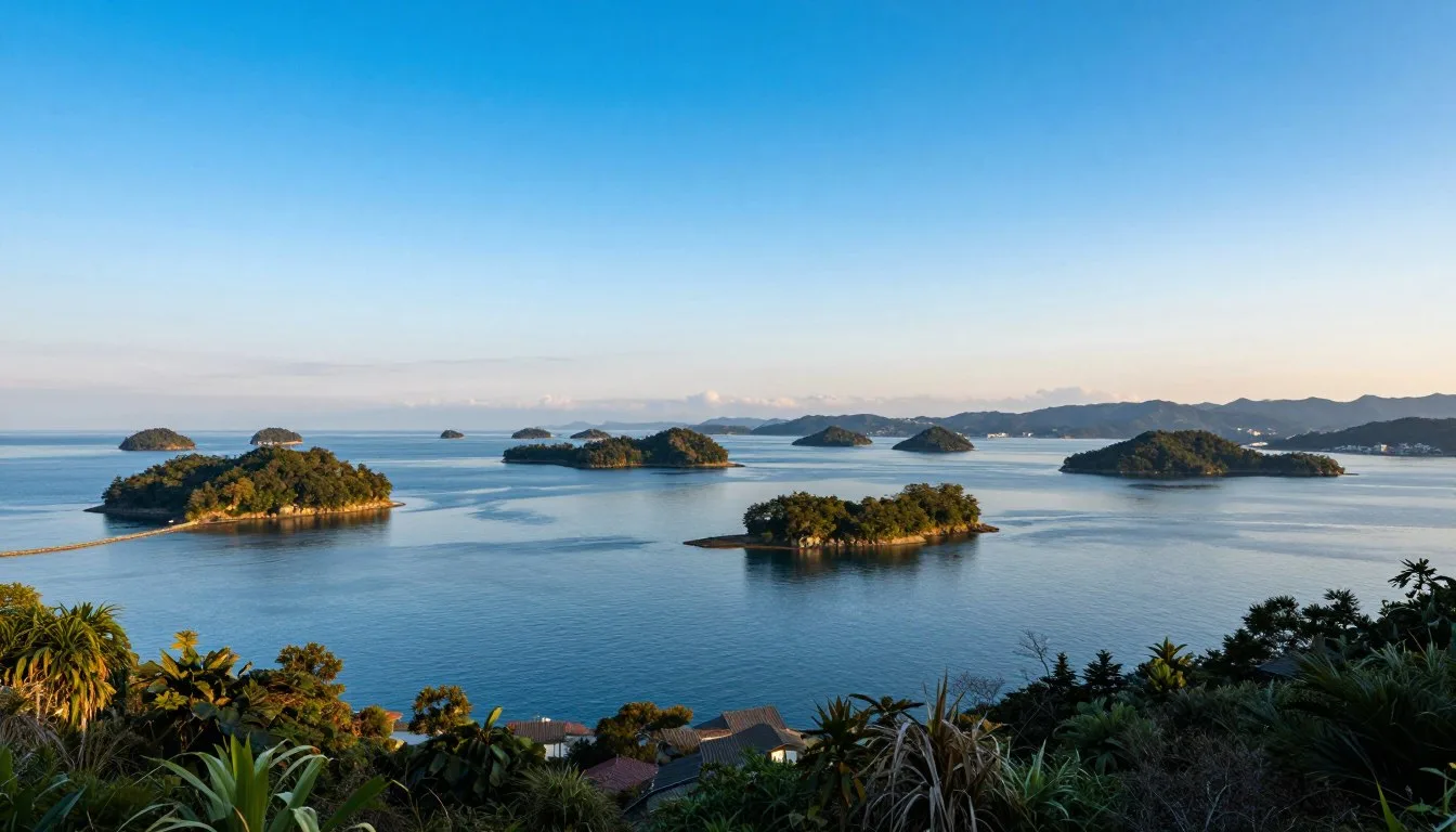Panoramic views of Seto Inland Sea with islands dotting the calm blue waters under clear sky in Kagawa Prefecture