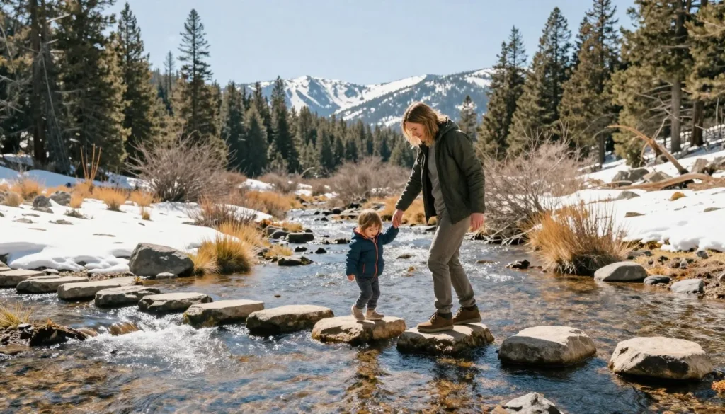 Parent helping child cross mountain stream