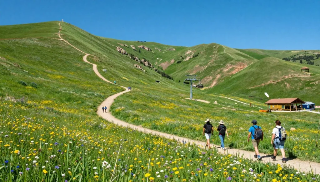 Park City Mountain during summer with green slopes and clear blue sky Park City Mountain during summer with green slopes and clear blue sky