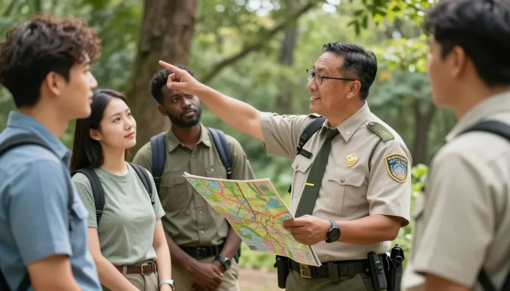 Park rangers assisting visitors with trail safety information Park rangers assisting visitors with trail safety information