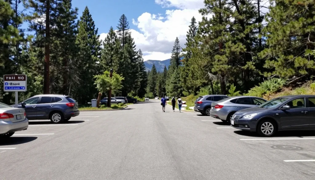 Parking area and trailhead access at Treasure Falls with vehicles and forest background Parking area and trailhead access at Treasure Falls with vehicles and forest background
