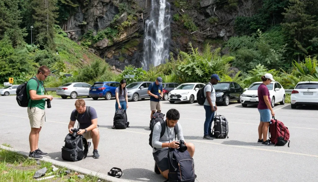 Parking area near Cullasaja Falls with diverse visitors preparing for sightseeing Parking area near Cullasaja Falls with diverse visitors preparing for sightseeing