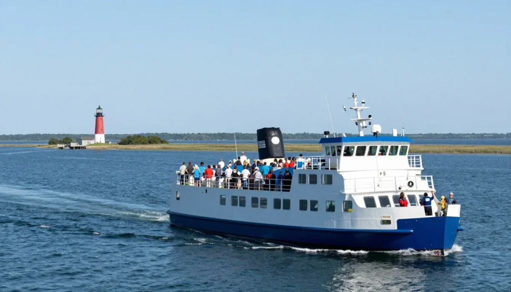 Passenger ferry approaching Cape Lookout with visitors viewing the lighthouse from boat deck Passenger ferry approaching Cape Lookout with visitors viewing the lighthouse from boat deck