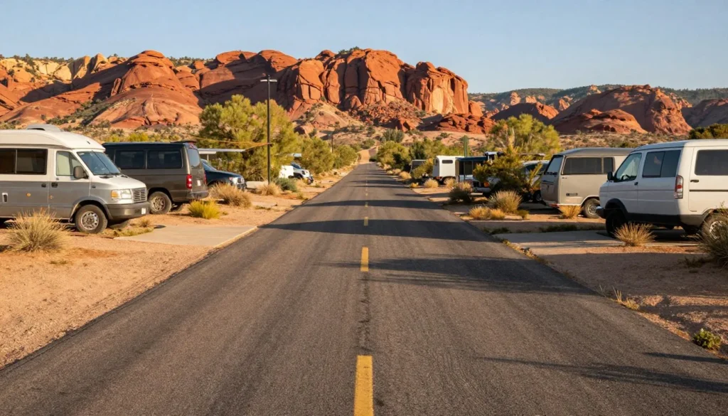 Paved road through Millsite State Park campground area with desert landscape