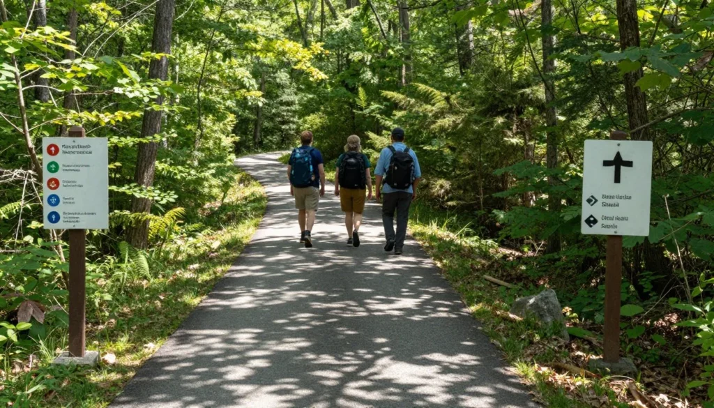 Paved walking path through Warriors Path State Park with trail markers Paved walking path through Warriors Path State Park with trail markers
