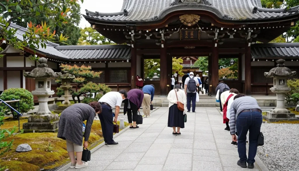 Peaceful Japanese temple garden in Fukuoka showing proper visitor etiquette and respectful atmosphere Peaceful Japanese temple garden in Fukuoka showing proper visitor etiquette and respectful atmosphere