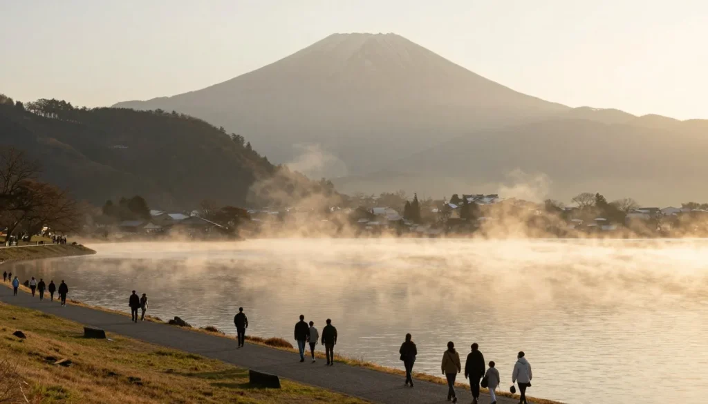 Peaceful Lake Kinrinko in Yufuin with morning mist and Mount Yufu in background Peaceful Lake Kinrinko in Yufuin with morning mist and Mount Yufu in background