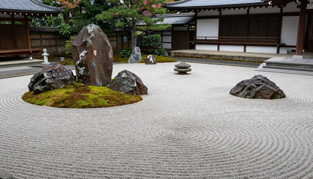 Peaceful Zen temple garden with raked gravel patterns