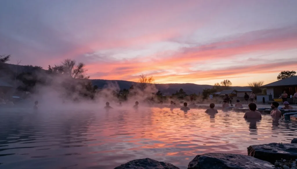 Peaceful evening scene at Meadow Hot Springs with visitors relaxing Peaceful evening scene at Meadow Hot Springs with visitors relaxing