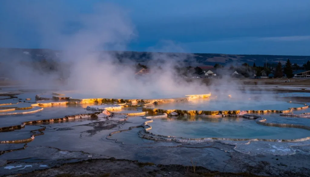 Peaceful evening scene at Monroe Hot Springs with glowing pools at dusk
