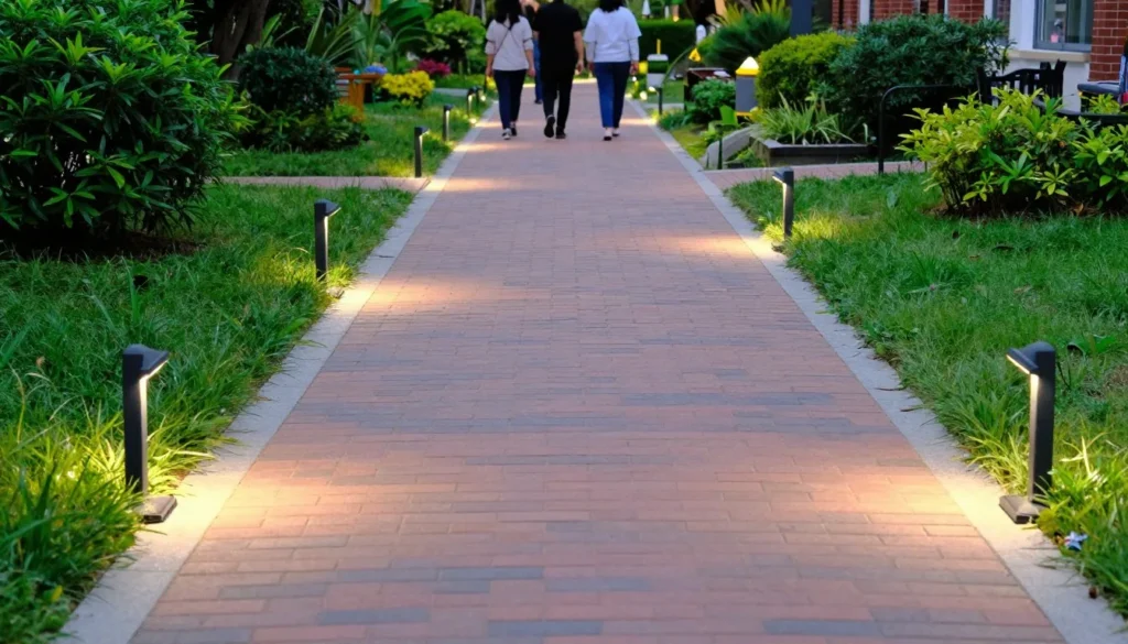 Peaceful garden pathway with safety considerations visible Peaceful garden pathway with safety considerations visible