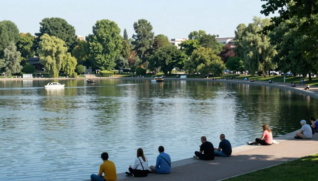 Peaceful lake scene in Herastrau Park with people enjoying outdoor activities Peaceful lake scene in Herastrau Park with people enjoying outdoor activities