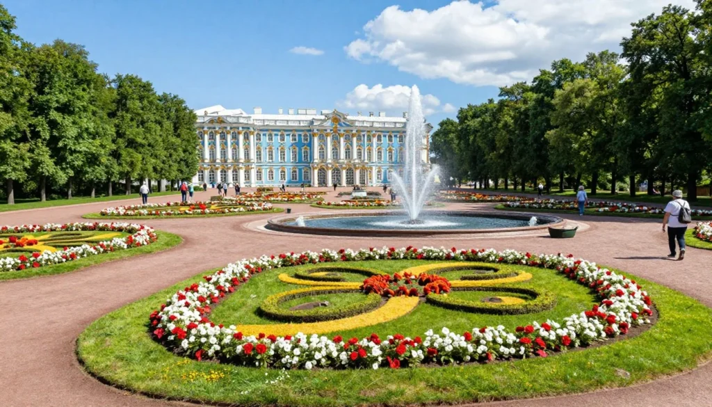 Peaceful scene of the Catherine Palace gardens in Pushkin with ornate landscaping, colorful flower beds, and tree-lined pathways Peaceful scene of the Catherine Palace gardens in Pushkin with ornate landscaping, colorful flower beds, and tree-lined pathways