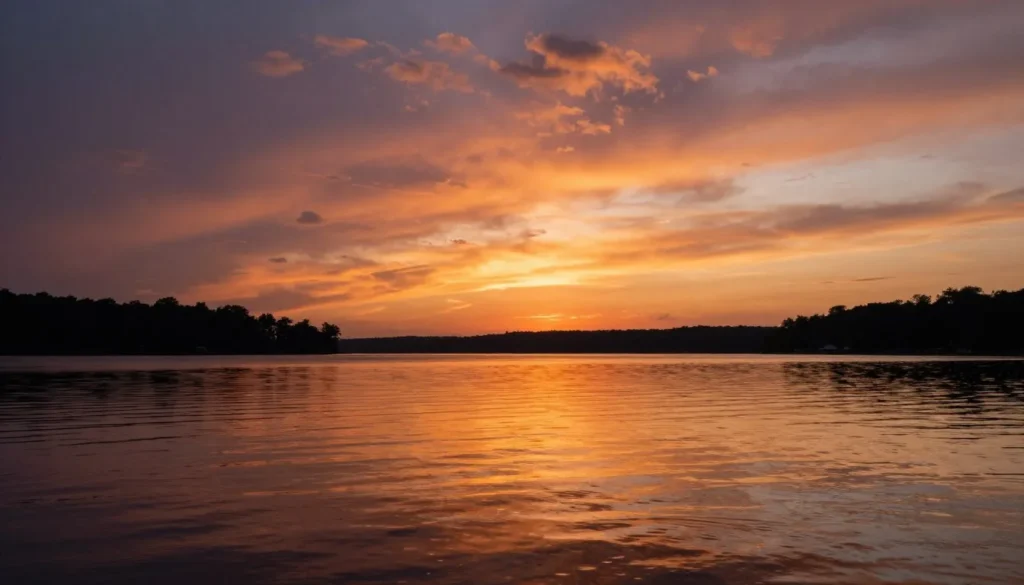 Peaceful sunset over Kentucky Lake with vibrant orange sky reflecting on calm water Peaceful sunset over Kentucky Lake with vibrant orange sky reflecting on calm water