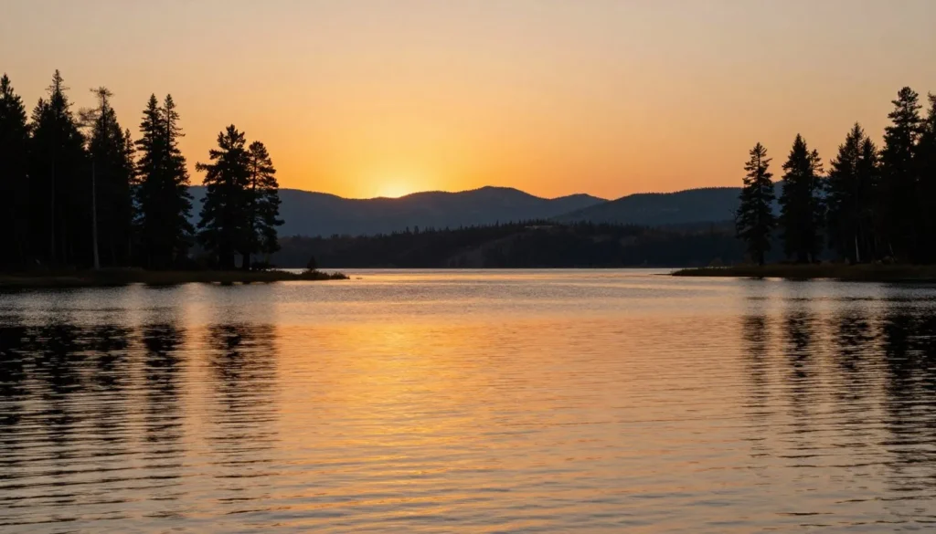 Peaceful sunset over Panguitch Lake with golden light reflecting on water Peaceful sunset over Panguitch Lake with golden light reflecting on water
