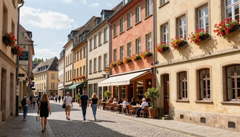 Pedestrians walking through historic Luxembourg City old town cobblestone streets with cafes
