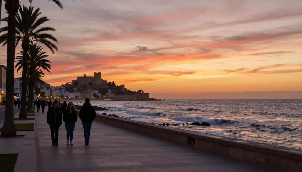 Peniscola town promenade Mediterranean coast sunset views