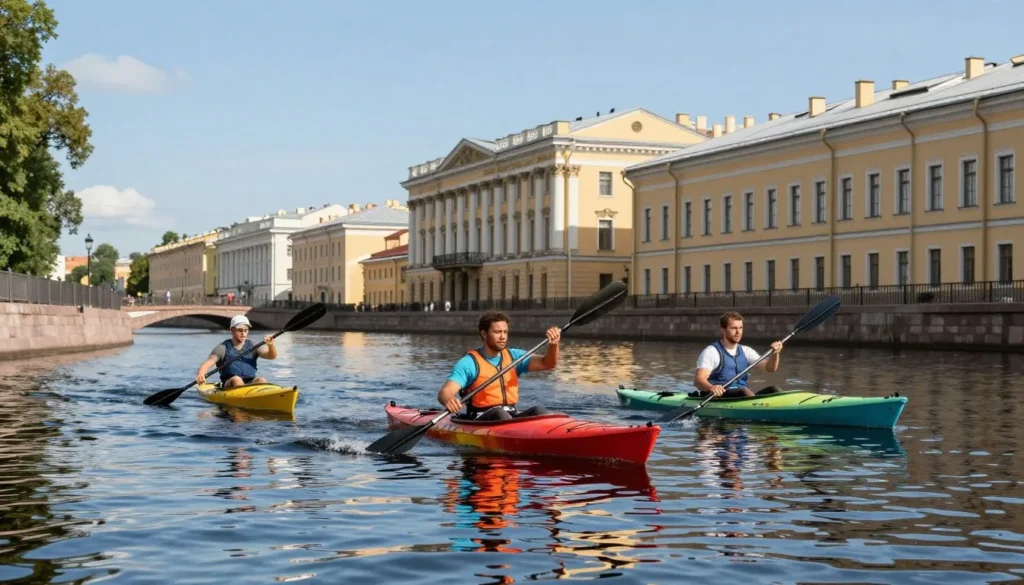 People kayaking on the calm waters of a Saint Petersburg canal with historic buildings reflecting in the water People kayaking on the calm waters of a Saint Petersburg canal with historic buildings reflecting in the water