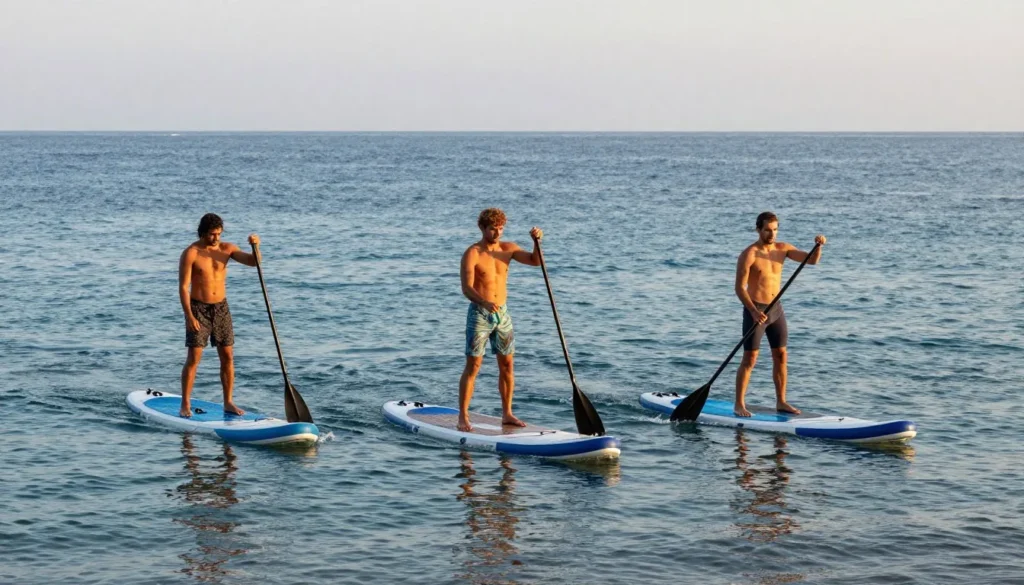 People paddleboarding on calm Mediterranean waters near Tel Aviv beach