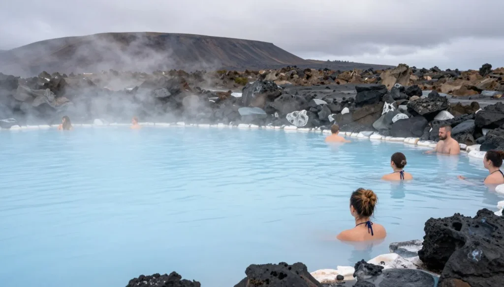People relaxing in Blue Lagoon geothermal spa surrounded by volcanic landscape