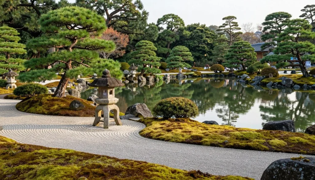 Perfectly manicured Japanese garden with pond, stone lanterns, and pine trees reflecting in still water Perfectly manicured Japanese garden with pond, stone lanterns, and pine trees reflecting in still water