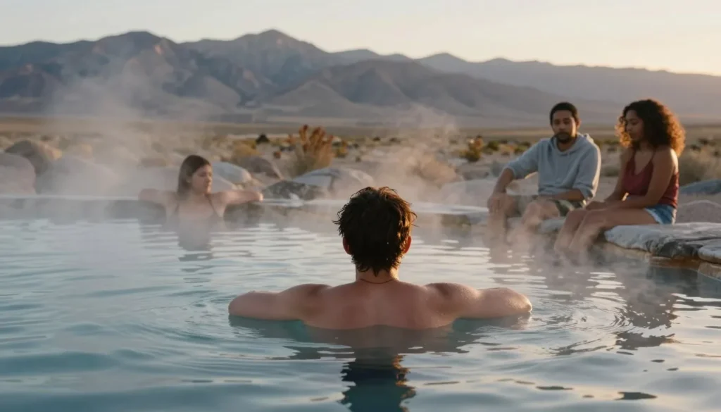 Person soaking in natural hot springs pool with Nevada mountain views