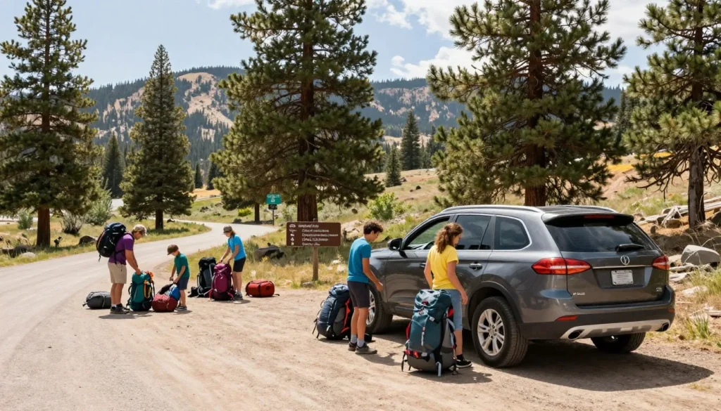 Personal vehicle parked at Pine Valley trailhead with hiking gear Personal vehicle parked at Pine Valley trailhead with hiking gear
