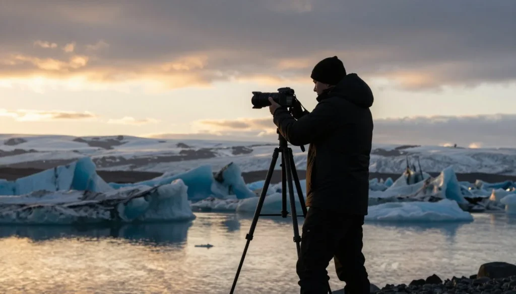 Photographer capturing glacier landscape at golden hour Photographer capturing glacier landscape at golden hour