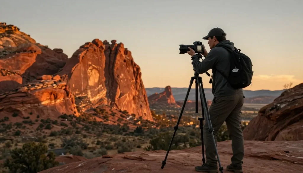 Photographer capturing landscape at golden hour
