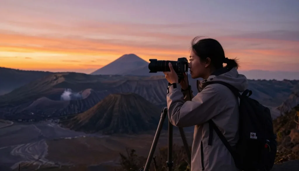 Photographer capturing sunrise over Twin Peaks volcanic formations Photographer capturing sunrise over Twin Peaks volcanic formations