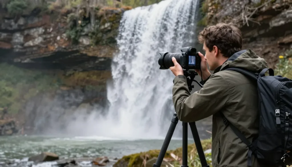 Photographer capturing waterfall image at Gar Island Tennessee using professional camera equipment Photographer capturing waterfall image at Gar Island Tennessee using professional camera equipment