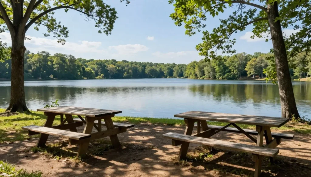 Picnic area with tables overlooking Lake Placid at Chickasaw State Park Picnic area with tables overlooking Lake Placid at Chickasaw State Park
